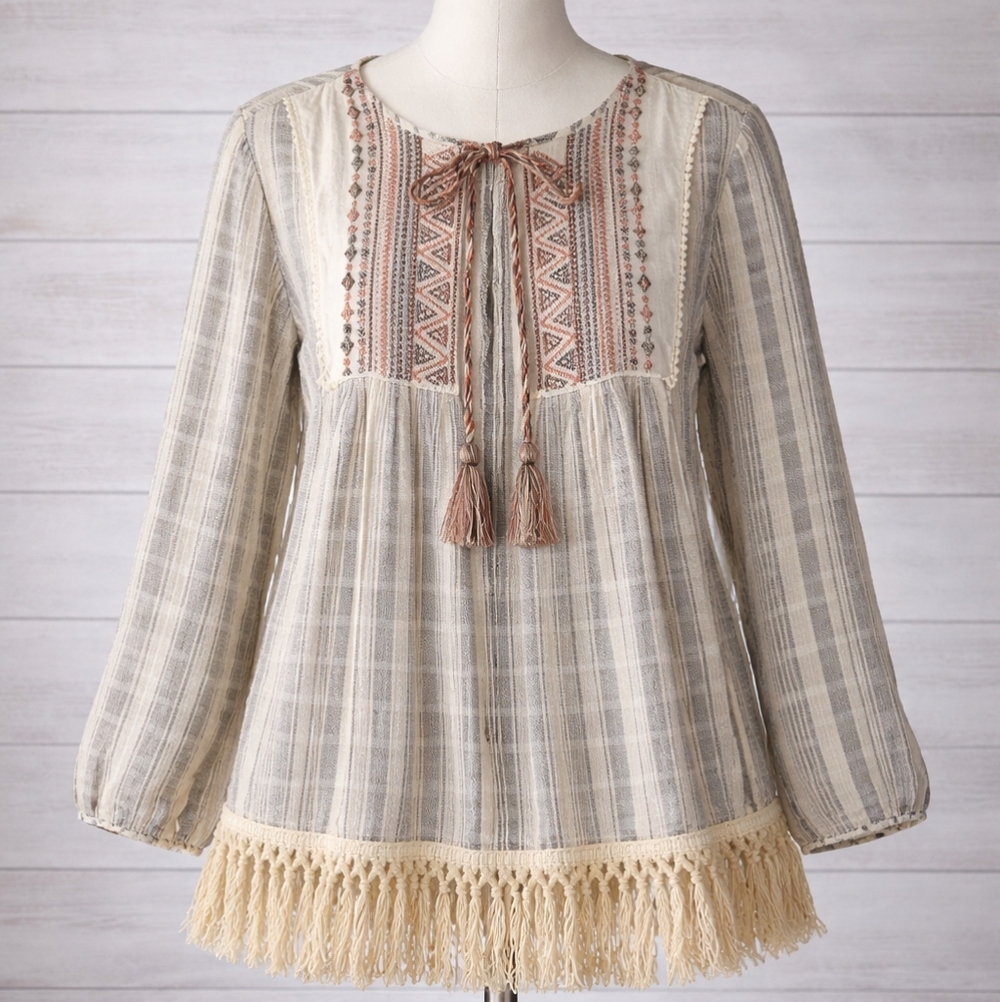 KNOX ROSE WOVEN LOOK STRIPES BOHO TOP WITH FRINGE